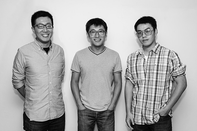 Matt, Lewis, Zhe in the garage